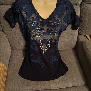 Elegant Black and Blue Graphic V-Neck Tee